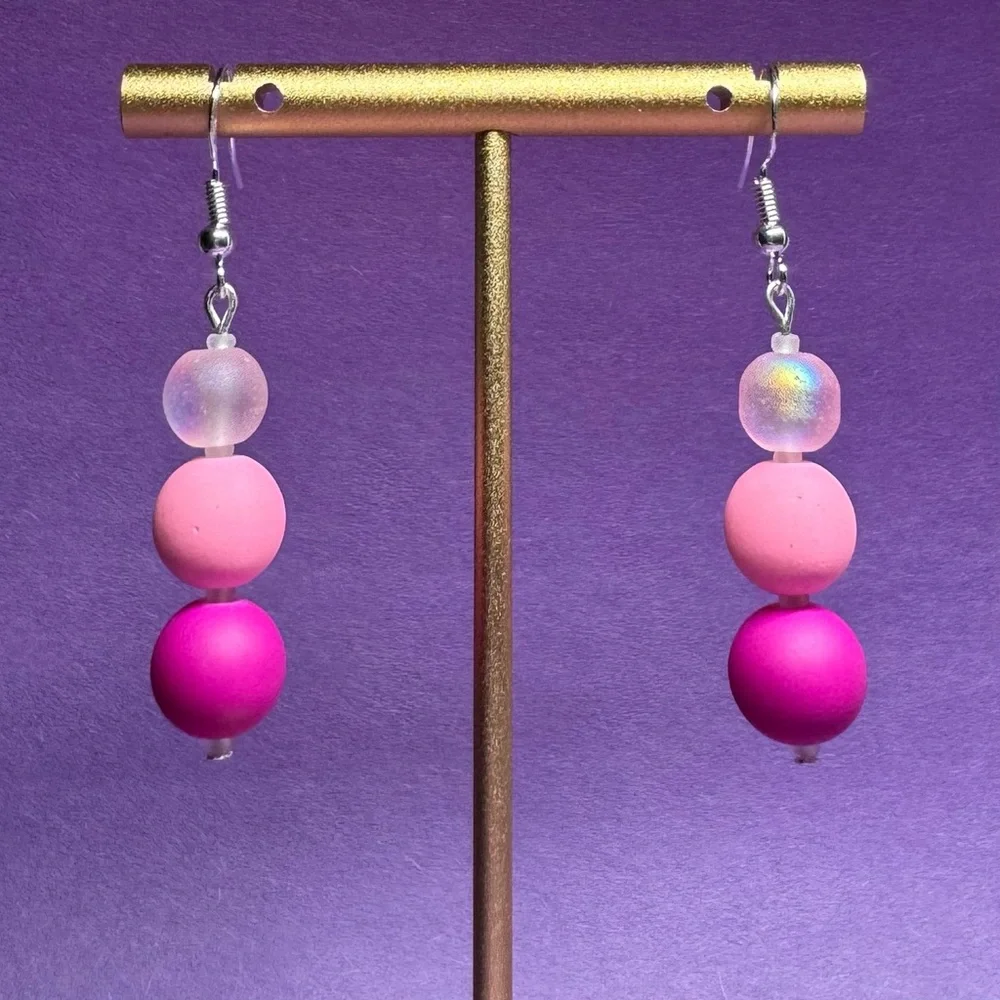 Pink Rubber Coated Glass Drop Dangle Earrings‎ 2” Handmade